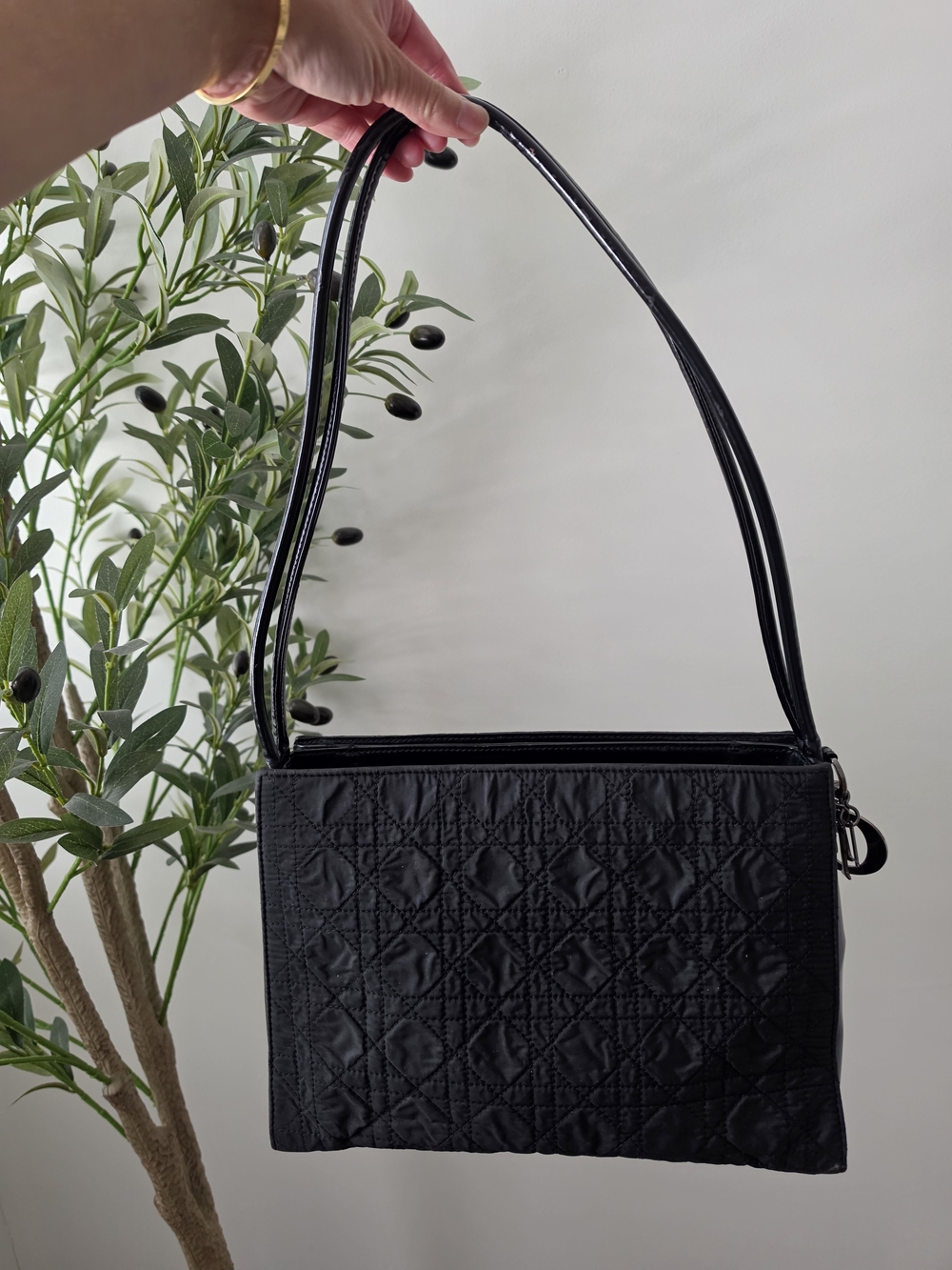 Authentic Christian Dior Black Quilted Fabric & Patent Leather Shoulder Bag